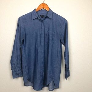 Anne Taylor Long Sleeved Chambray Button Closure Shirt | Blue | Womens Petite XS